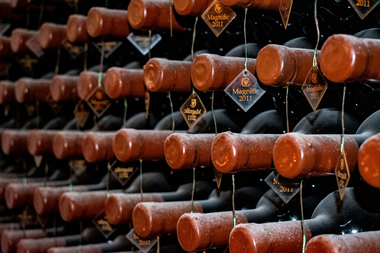 Rows of aging wine bottles stored in a dimly lit underground wine cellar, illustrative of the kind of cellar found at Moldova's Mileștii Mici and Cricova estates